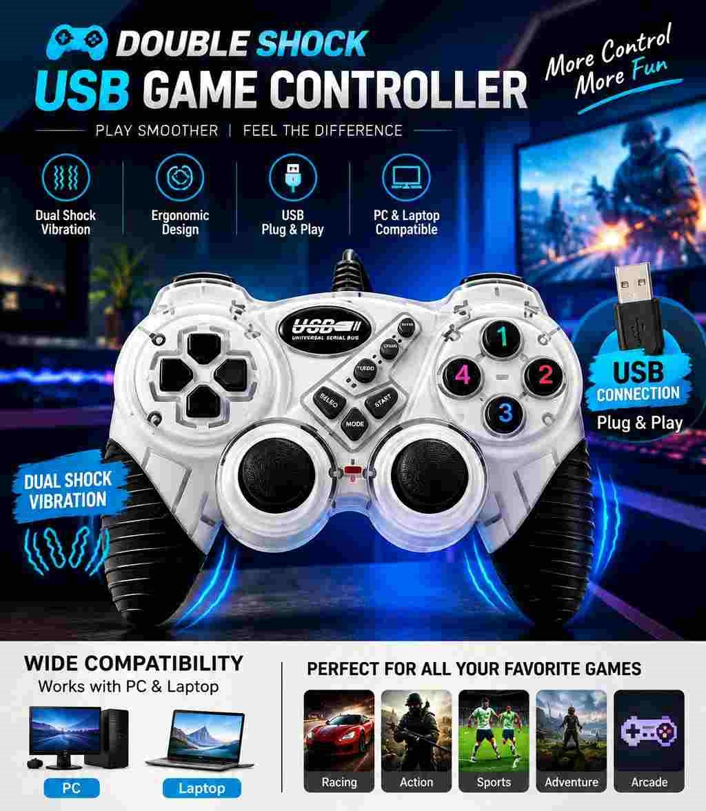 Double Shock USB Game Controller Durable Comfortable Stylish