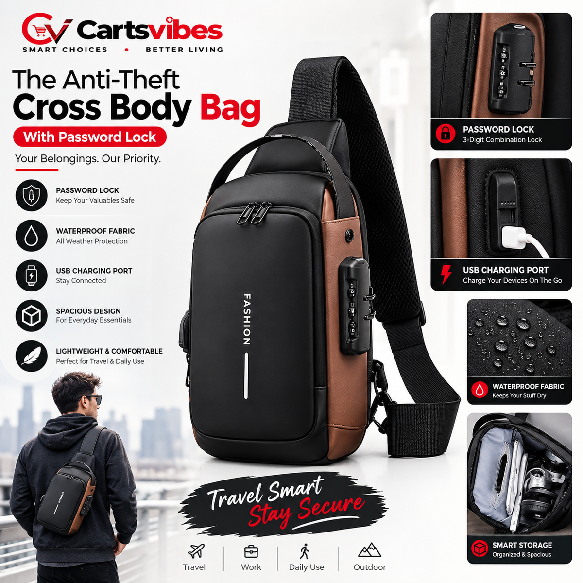 Anti-Theft Cross Body Bag With Password Lock